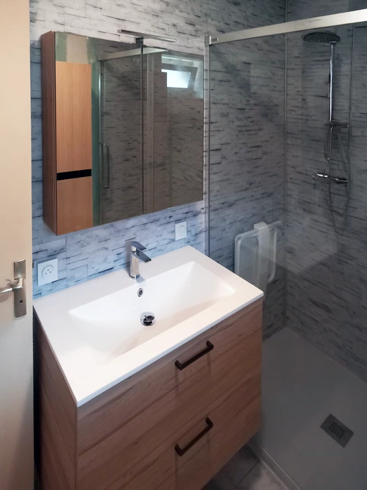 Salle de bain moderne avec douche à l'italienne et meuble vasque